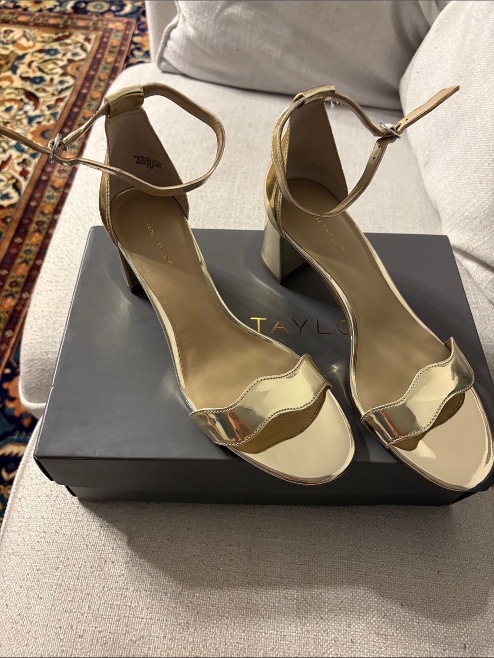 Ann Taylor Metallic Gold Ankle-Strap Block Heels